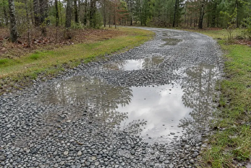Shallow puddles across low spots in a gravel driveway